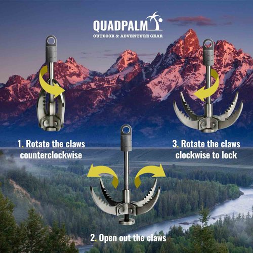 QUADPALM Grappling Hook and Black Rope 10M (32ft) - Multifunctional Heavy Duty Survival Hook - 2 Locking carabiners - 4 Stainless Steel Folding Claws - Survival Gear - Outdoors Camping Hiking