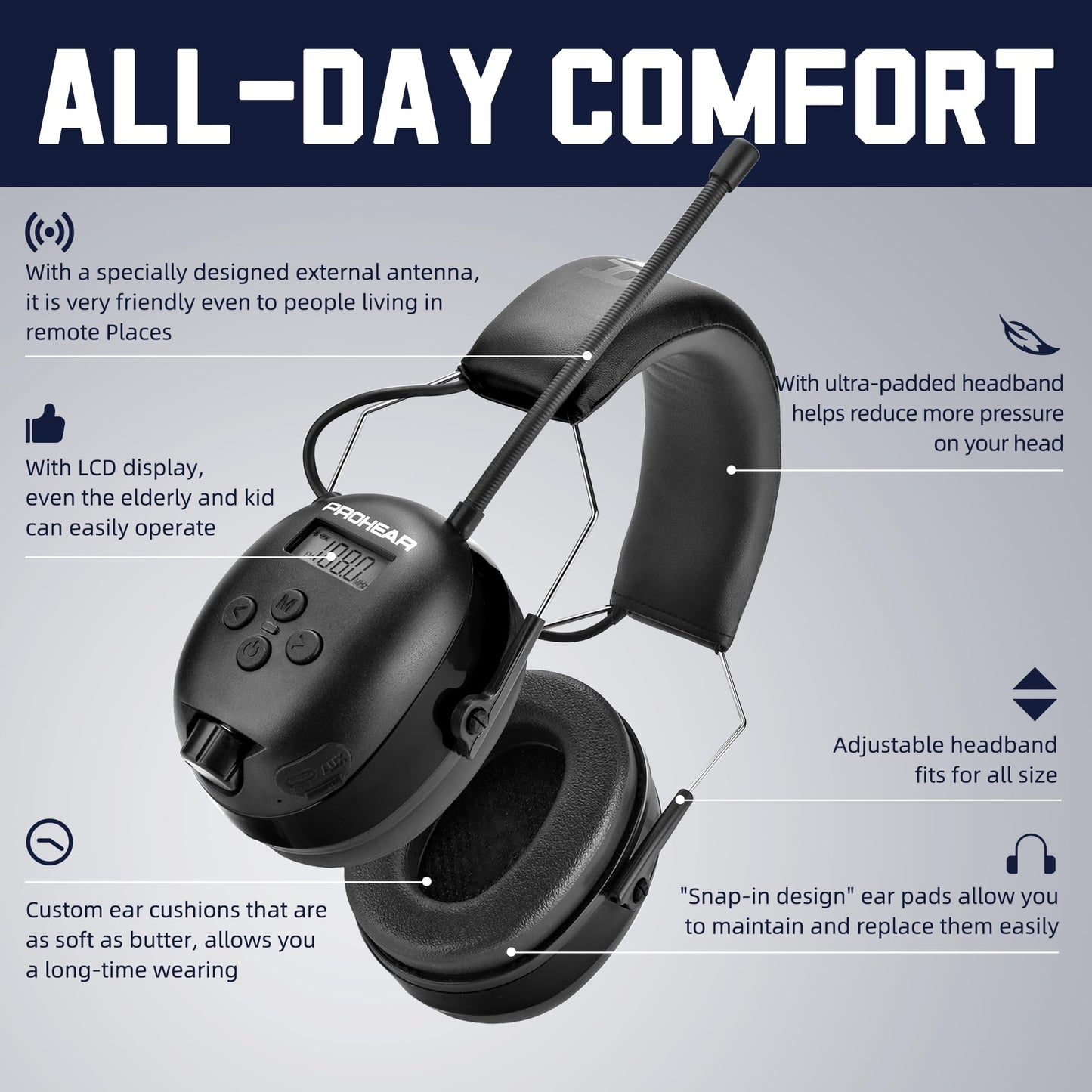 PROHEAR 033 Upgraded Bluetooth 5.4 Hearing Protection Headphones with FM/AM Radio, OSHA-Compliant 25dB NRR Safety Earmuffs, Rechargeable 48H Playtime for Mowing, Workshops and Snowblowing – Black