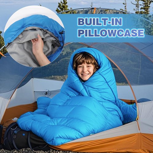 REDCAMP Kids Mummy Ultra Lightweight Sleeping Bag for Backpacking, Comfort for Warm Weather, with Compression Sack, Blue