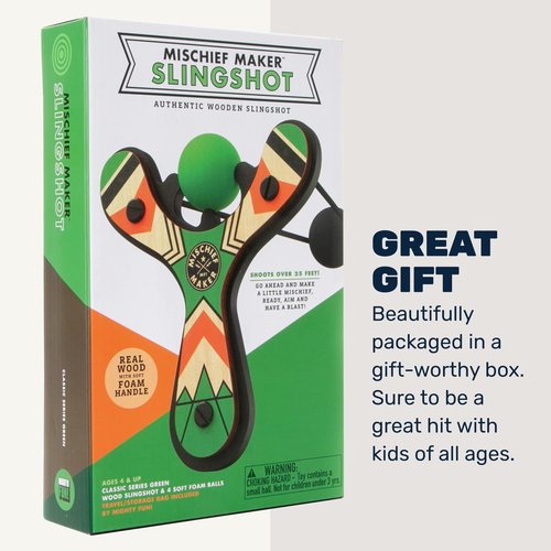 Mighty Fun! - Mischief Maker® Wooden Slingshot - Classic Series - Real Wood Slingshot for Kids, 4 Soft Foam Balls and Storage Bag - Ages 4+ (Green)