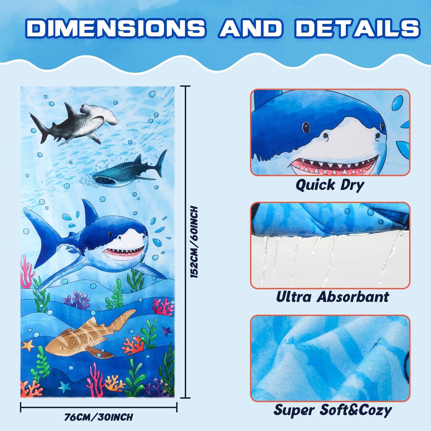 WERNNSAI Kids Beach Towel for Boys, Shark Quick Dry Swim Towel