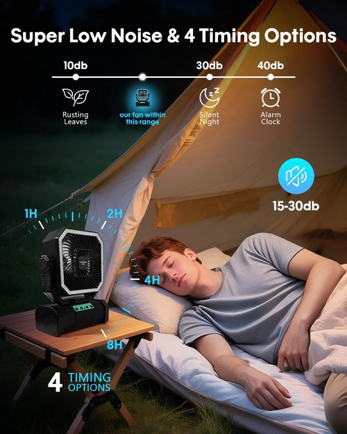 PIYOOPDR Camping Fan with Bluetooth Speaker Portable Fan,20000mAh Rechargeable Battery Powered Fans,Quiet 4-Speeds, 4-LED Light,360° Hanging Hook for Outdoor Picnic Tent Beach Travel Barbecue, Black