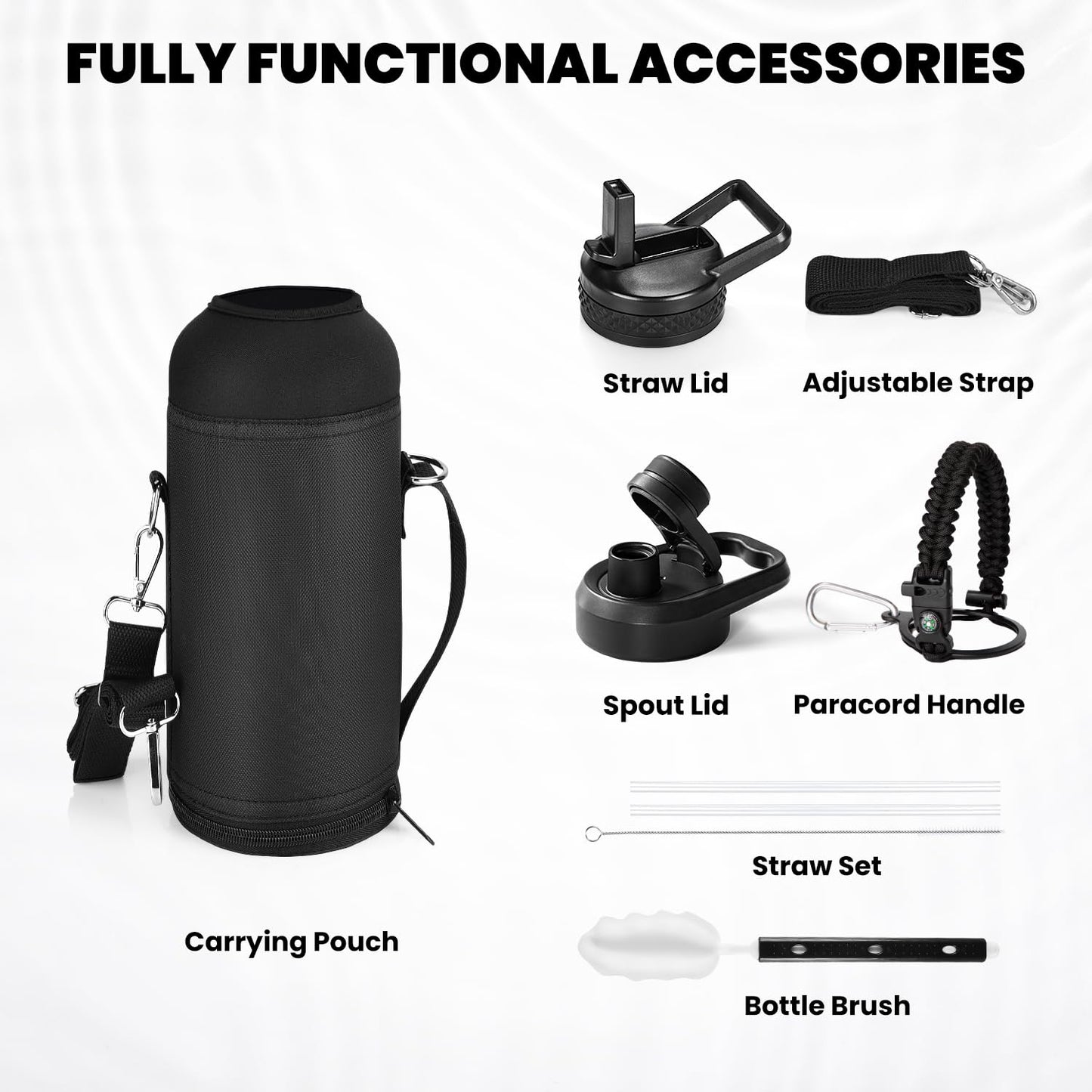 RAYMYLO Insulated Water Bottle 32 oz, Triple Wall Vacuum Stainless Steel (Cold for 24Hrs, Hot for 12Hrs), Leak Proof & Non-BPA, Modern Water Flask Jug with Paracord Handle & Straw Spout Lids