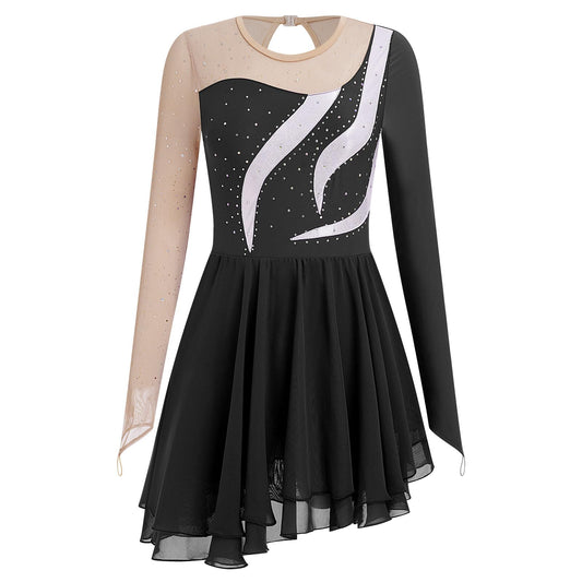 Ice Skating Dress for Women Sparkly Beads Long Sleeve Chiffon Skirt Figure Skating Dresses Adult Rhythmic Gymnastics Leotards Halloween Christmas Ballet Lyrical Dance Outfits Black XS