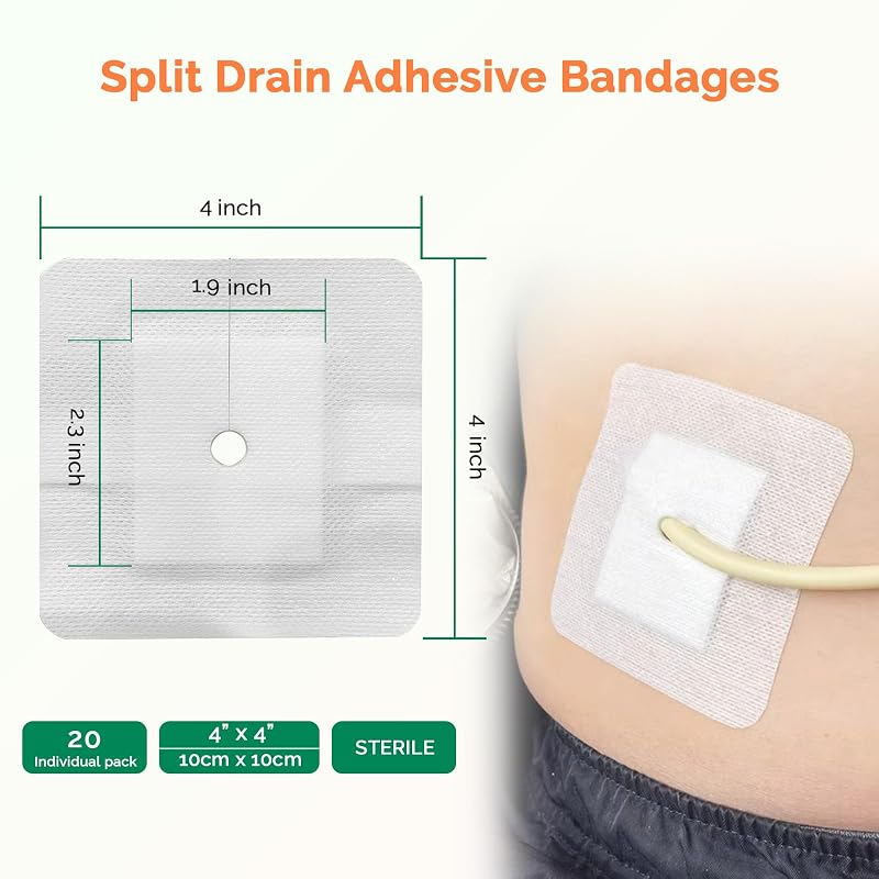 Greetmed Split Drain Adhesive Island Dressings 4" x 4" (20 Pcs) for Catheters & Tubes