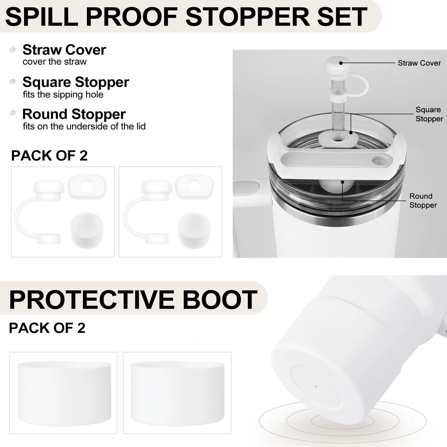 HYZ 8pcs Stanley Cup Accessories, Spill Proof Stopper & Boot Set, Frost