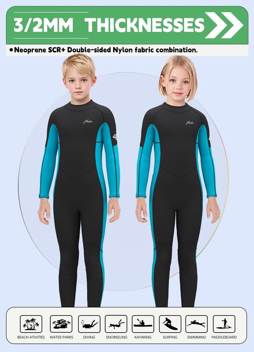 Hevto Kids Wetsuit for Boys Girls Children Toddler 3/2mm Neoprene Thermal Swimsuit Full Wet Suit in Cold Water for Swimming (K01-Blue, 10)