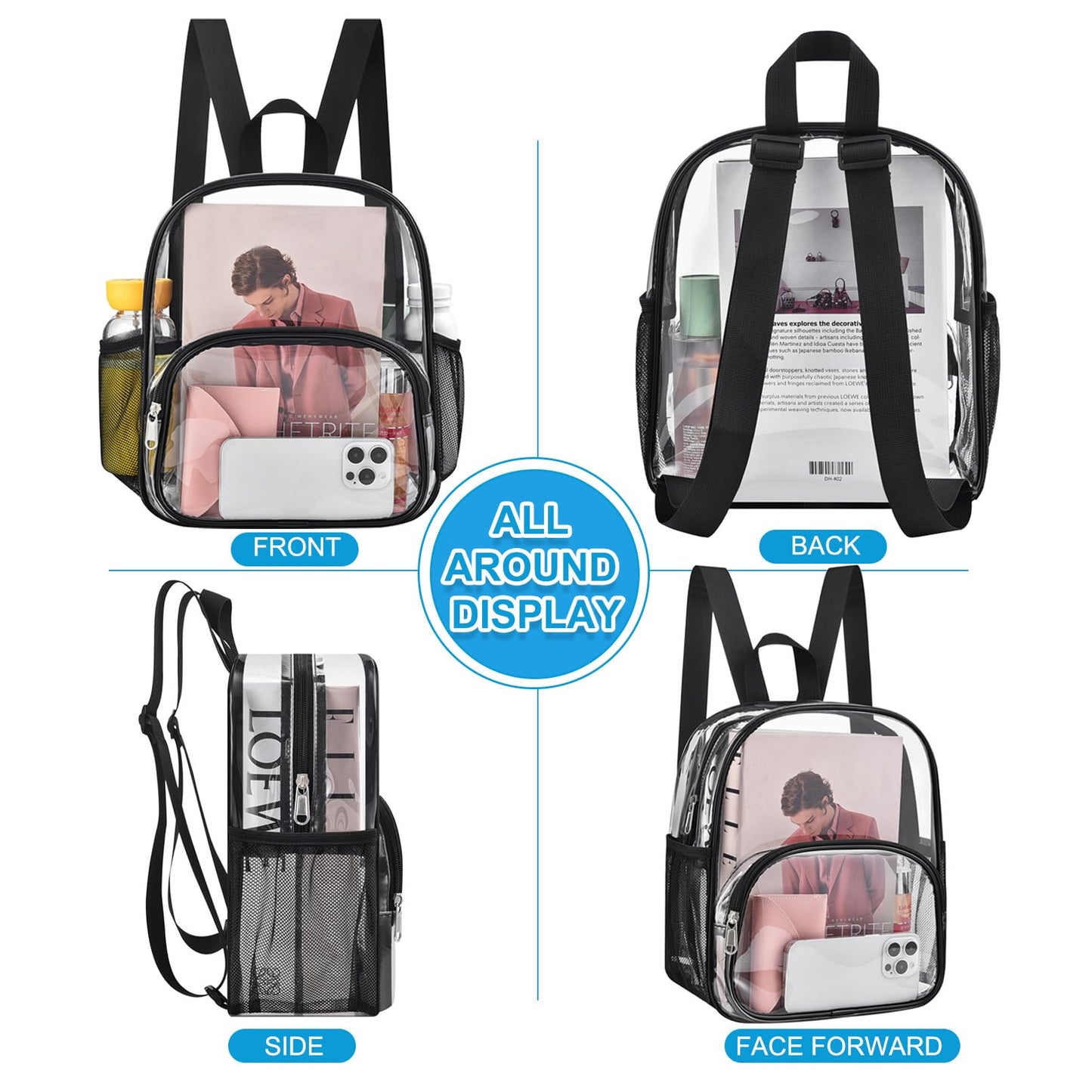 Busiuw Clear Backpack for Stadium Events Stadium Approved Clear Backpack 12x12x6 with Front Pocket for Concert Sport Fashion Women Backpack Events Work Travel