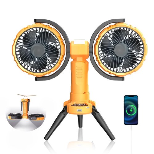 Outdoor Camping Fan with LED Light, Rechargeable Portable Dual Head Fan,Battery Powered with Cooler Tent Hook Fans,270° Oscillating 360° Rotation ,USB Desktop Fan for Travel,Fishing,Home (Yellow)