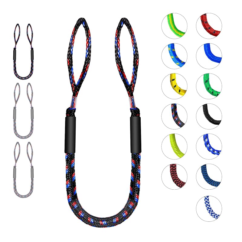 Bungee Dock Lines 4 ft 2-Pack – Heavy-Duty Boat Tie Downs, Black/Blue/Red with 1"–8.5" Adjustable Loops