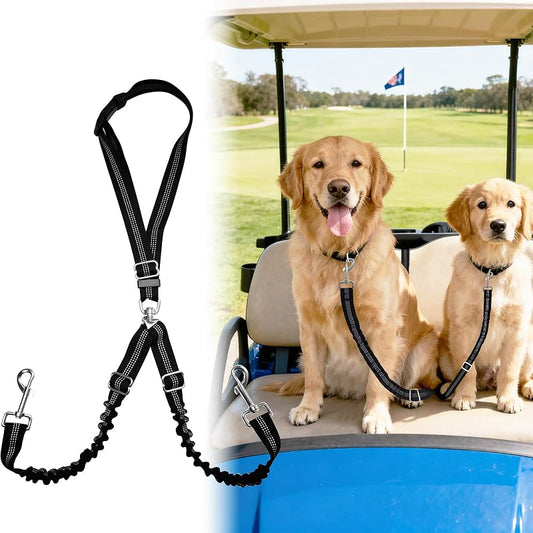 Golf Cart Dog Seat Leash & Safety Harness - Adjustable Tangle-Free Retractable Strap (Double Dog)