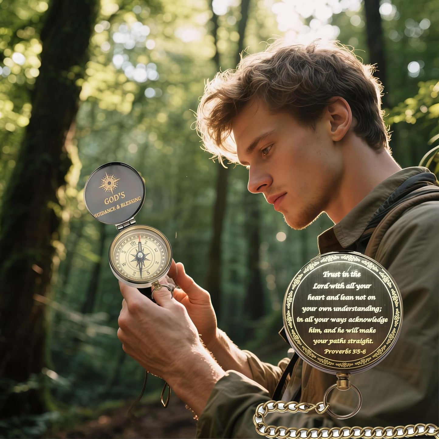 Afcrho Proverbs 3: 5-6 Engraved Compasses, Wood Box Greeting - Trust in The Lord Compass - Inspirational Gift Men, Christian Boys Baptism Gifts, Graduation Day with Wooden Box
