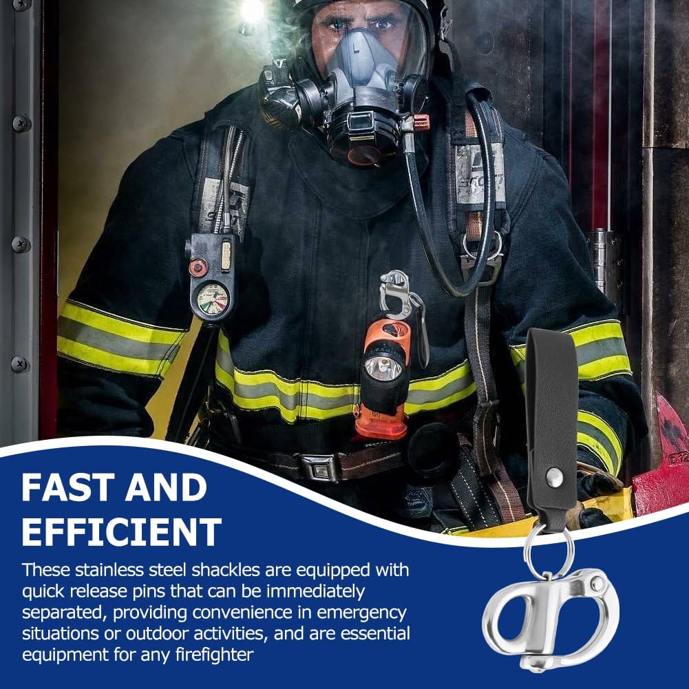 2 Pack SCBA Mask Quick Release Clip Shackle with Leather Lanyard, 316 Stainless Steel Snap Swivel Clips for Firefighting, Outdoor & Emergency Use