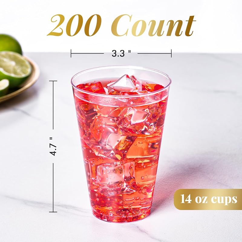 14 Oz Clear Plastic Cups (Pack of 200) - Large Disposable party Cups, FOCUSLINE
