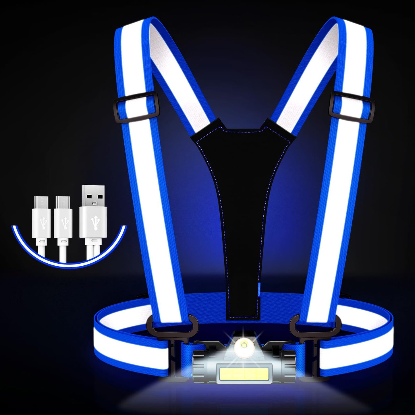 Hoeraonr Running Lights for Runners,90°Adjustable LED Reflective Vest Running Gear,Rechargeable Chest Light Up Running Vest Night Walking Safety Gear for Night Walking/Cycling/Jogging (Blue)