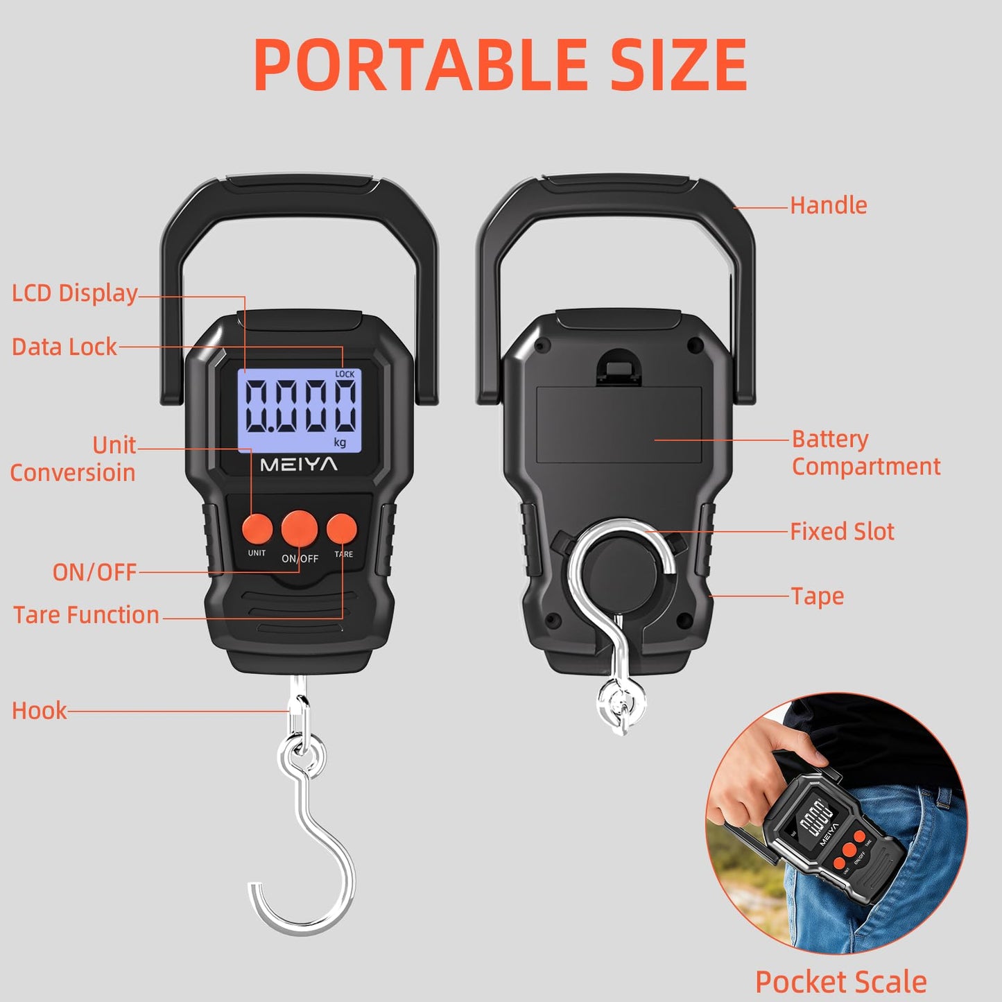 MEIYA Digital Fish Scale with Backlit LCD Display Up to 110lb/50kg for Anglers, Accurate Luggage Scale for Travel, Outdoor, Home Use, Includes 2 AAA Batteries and Hook, Essential Fishing Gear