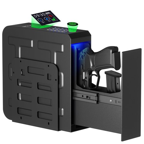 MOLICAR Biometric Slider Pistol Safe with LCD of Temp Humidity Battery, Mounted Single Bedside Gun Safe with 3 Ways Quick Access Handgun Case for Nightstand, Bed, Desk, Wall, Dresser