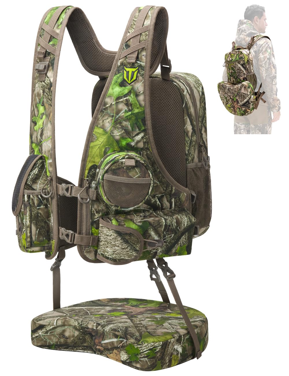 TIDEWE Vest with Seat, Lightweight Vest with Multi-Compartment Storage, Form-fitting Portable Backpack with 11 Adjustable Straps (Truetimber HTC Green)