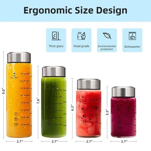 weasland Glass Juice Bottles 20oz - 4 Pack Wide Mouth Water Bottles with Lids for Juicing Reusable Juice Bottles for Smoothie Beverage Storage BPA Free Leakproof Borosilicate