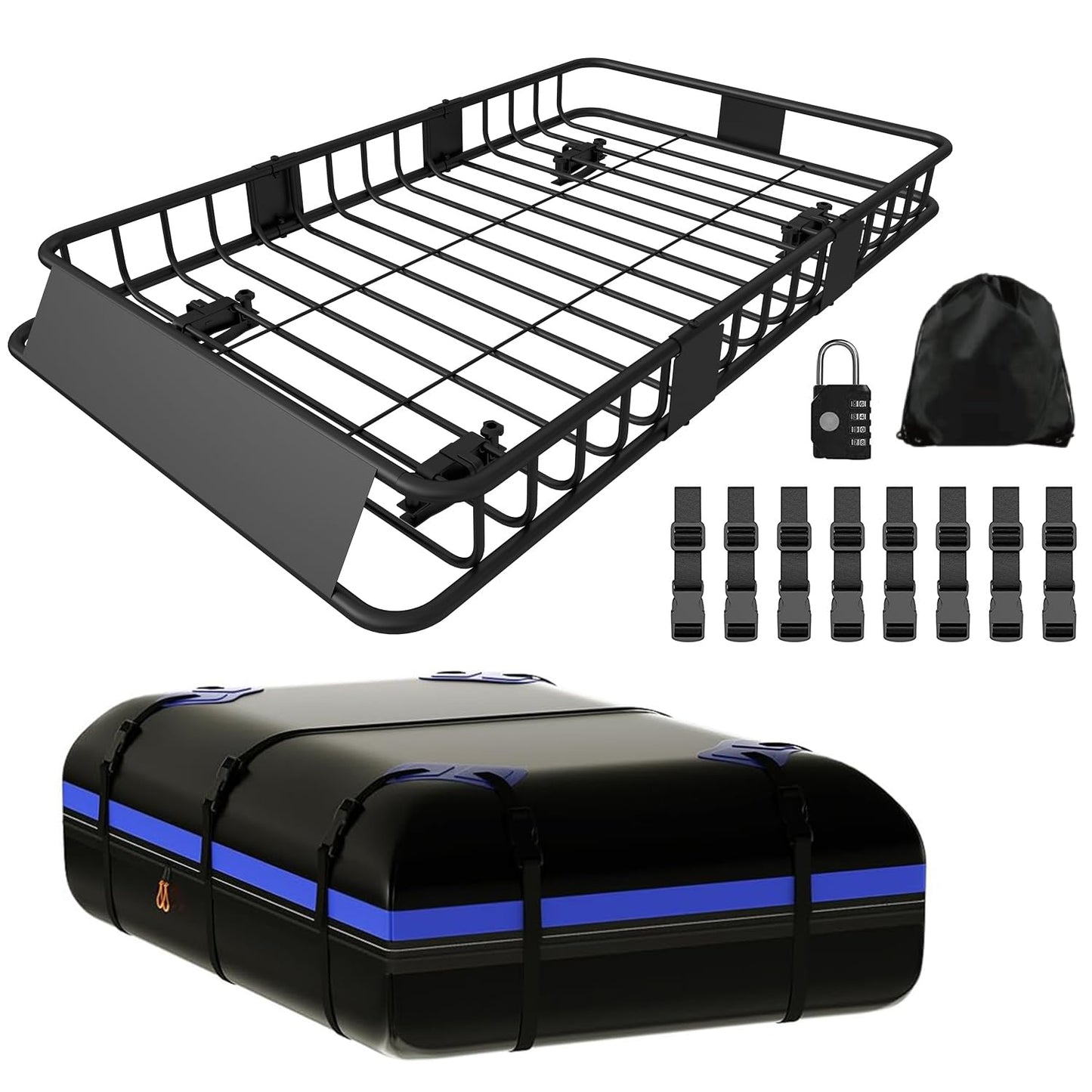 FORWODE 250LBS Universal Roof Rack Basket, 64"x39"x6" Rooftop Cargo Carrier Rack + Waterproof Cargo Bag 15 Cubic Feet(43"x34"x17")
