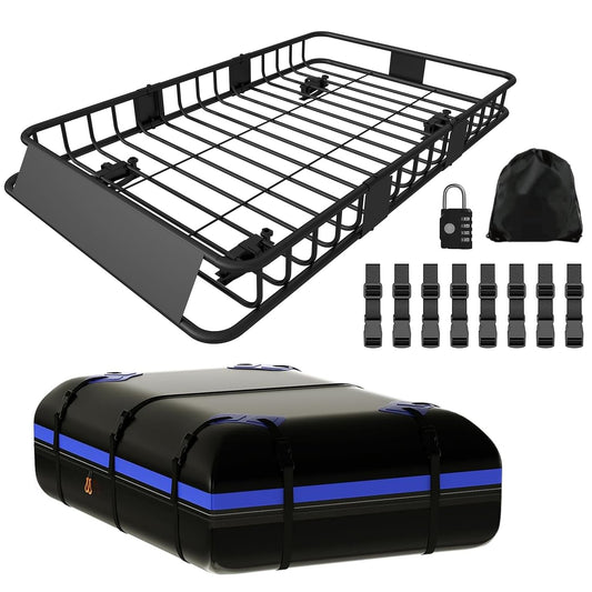 FORWODE 250LBS Universal Roof Rack Basket, 64"x39"x6" Rooftop Cargo Carrier Rack + Waterproof Cargo Bag 15 Cubic Feet(43"x34"x17")