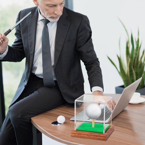 Clear Acrylic Golf Ball Display Case with Wood Base & Tee, Memorabilia Stand Cube Holder, Dust Protection Transparent Storage Box for Single Ball Souvenir Golfball Collections