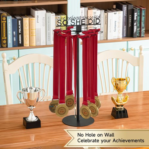 Honeydak Rotatable Medal Hangers Display Tabletop Metal Medal Holder Rack with Adjustable Height Holds 45+ Medals with Motivational Words Race Marathon Sports Gong Hanger Display