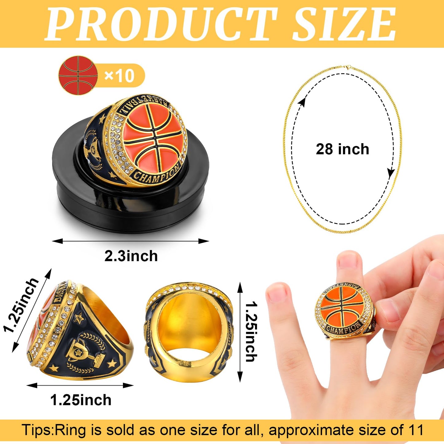 Highergo 1 PC Champion MVP Rings Baseball Soccer Basketball Volleyball Football Softball Trophy Ring with Display Stand and Neck Chain Size 11 for Winner Tournament Award Gift(Basketball)