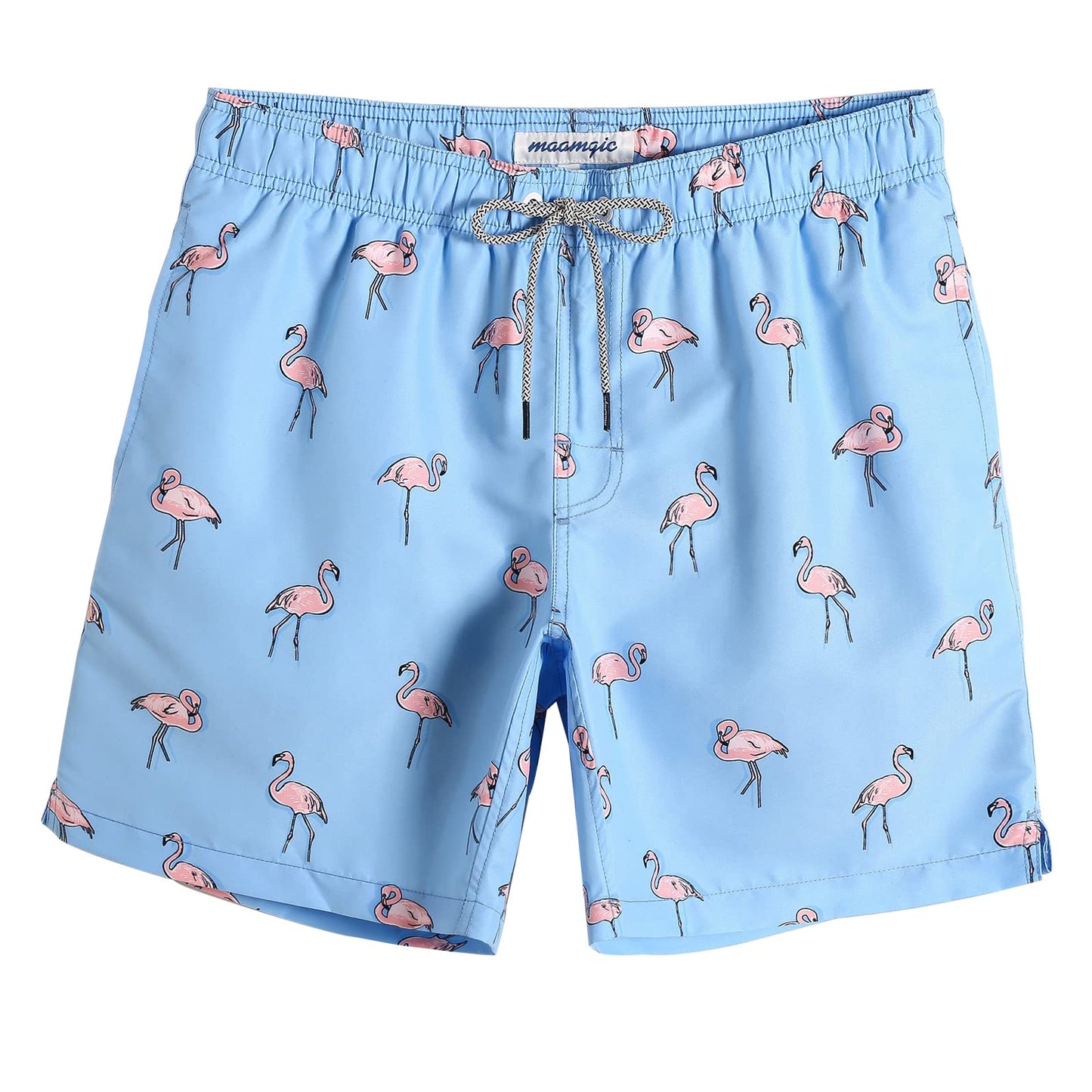maamgic Mens Swim Trunks Quick Dry Swim Shorts with Mesh Lining Funny Swimwear Bathing Suits 7inch Flamingo Blue Large