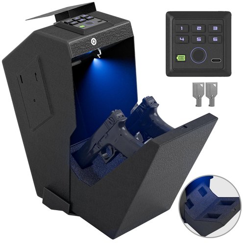 Biometric Pistol Safe LED Light,Quick Access Security Safe with Fingerprint 6-button Backlit Keypad,Auto Open Hidden Hand GunSafe for Bedside Home Nightstand Vehicle Desk (2 GUN UPGRADE)