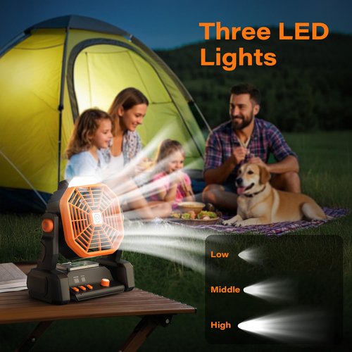 Portable Camping Fan Rechargeable with Inductive Charging Function, 20000mAh Battery Operated Fan with Lights, Outdoor Battery Powered Fan with Remote, 3 Timer for Picnic, Fishing, Travel, Home