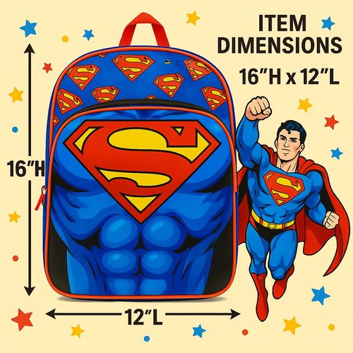 Fast Forward Superman Backpack for Kids – 16” Bookbag for Boys, Girls | Toddler Travel Bag, School Backpack, Kids Superhero Bookbag | Ages 3+