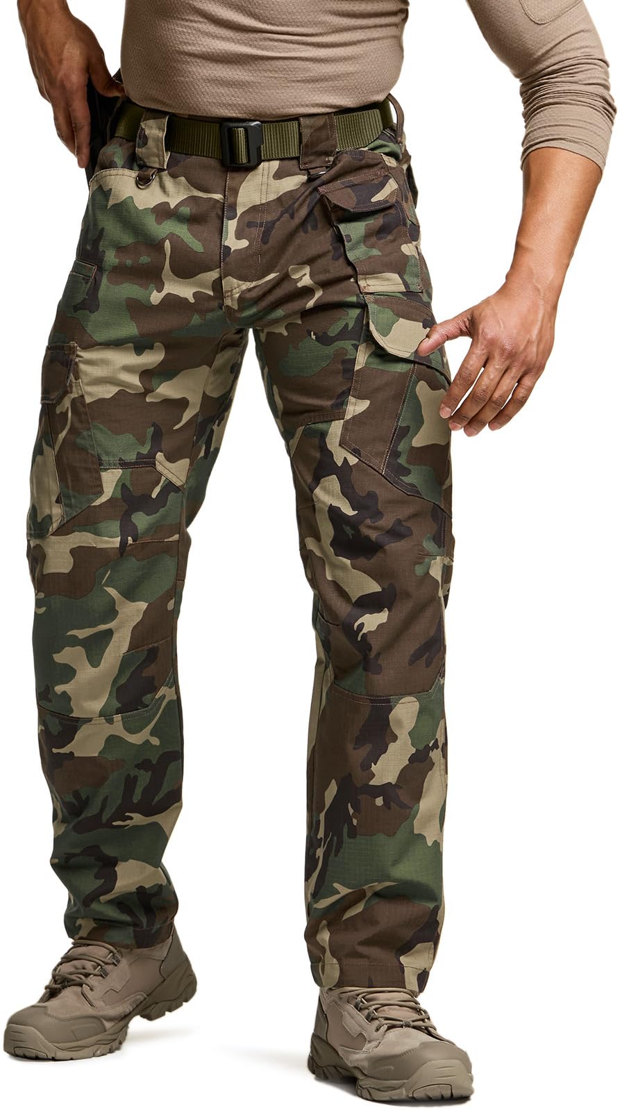 CQR Men's Tactical Pants, Water Resistant Ripstop Cargo Pants, Lightweight EDC Work Hiking Pants, Outdoor Apparel, Duratex Mag Pocket Print Woodland Camo, 32W x 32L