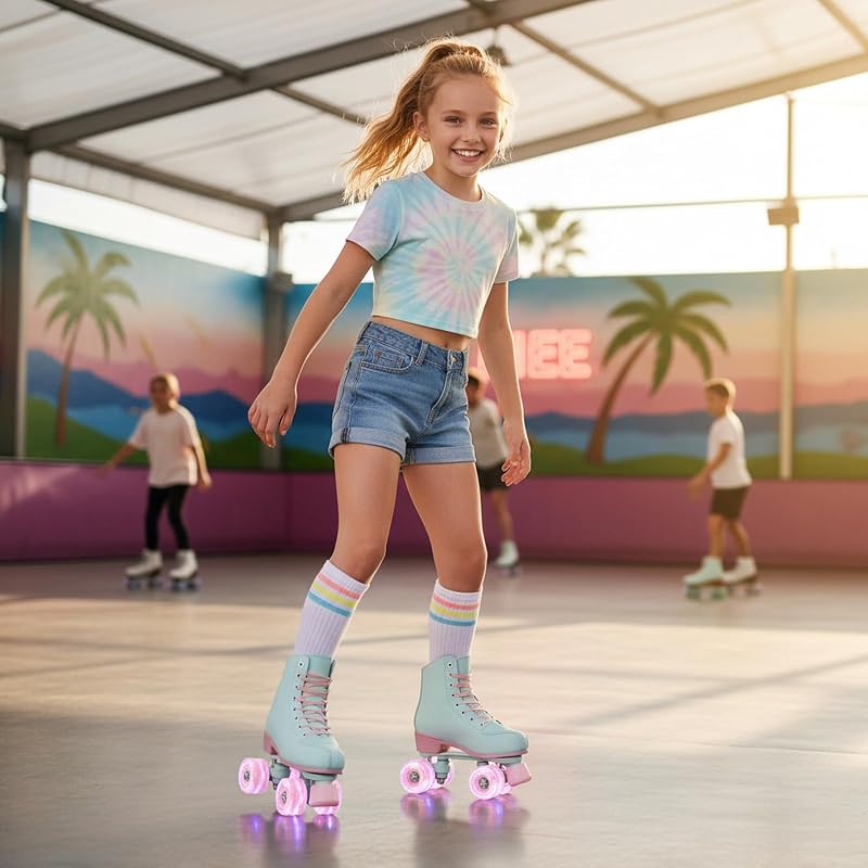 XUDREZ Light Green PU Roller Skates for Girls & Women, Pink Light-Up Wheels, Age 6-12, 37-US