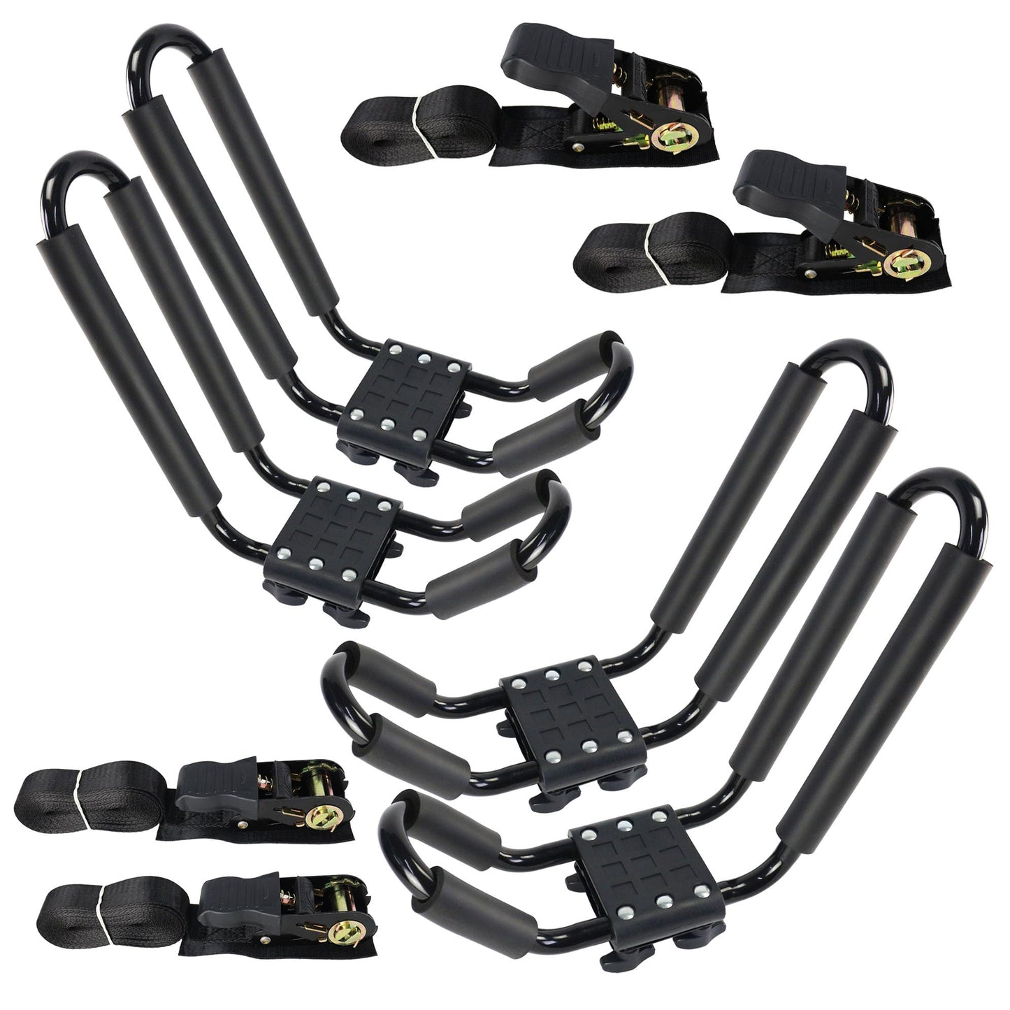 2 Pairs Kayak Rack J-Bar Car Roof Rack for Canoe Carrier SUP Paddle Surfboard Mount on Car SUV and Truck Crossbar, Includes 4 Pcs Roof Rack Tie Down Straps.