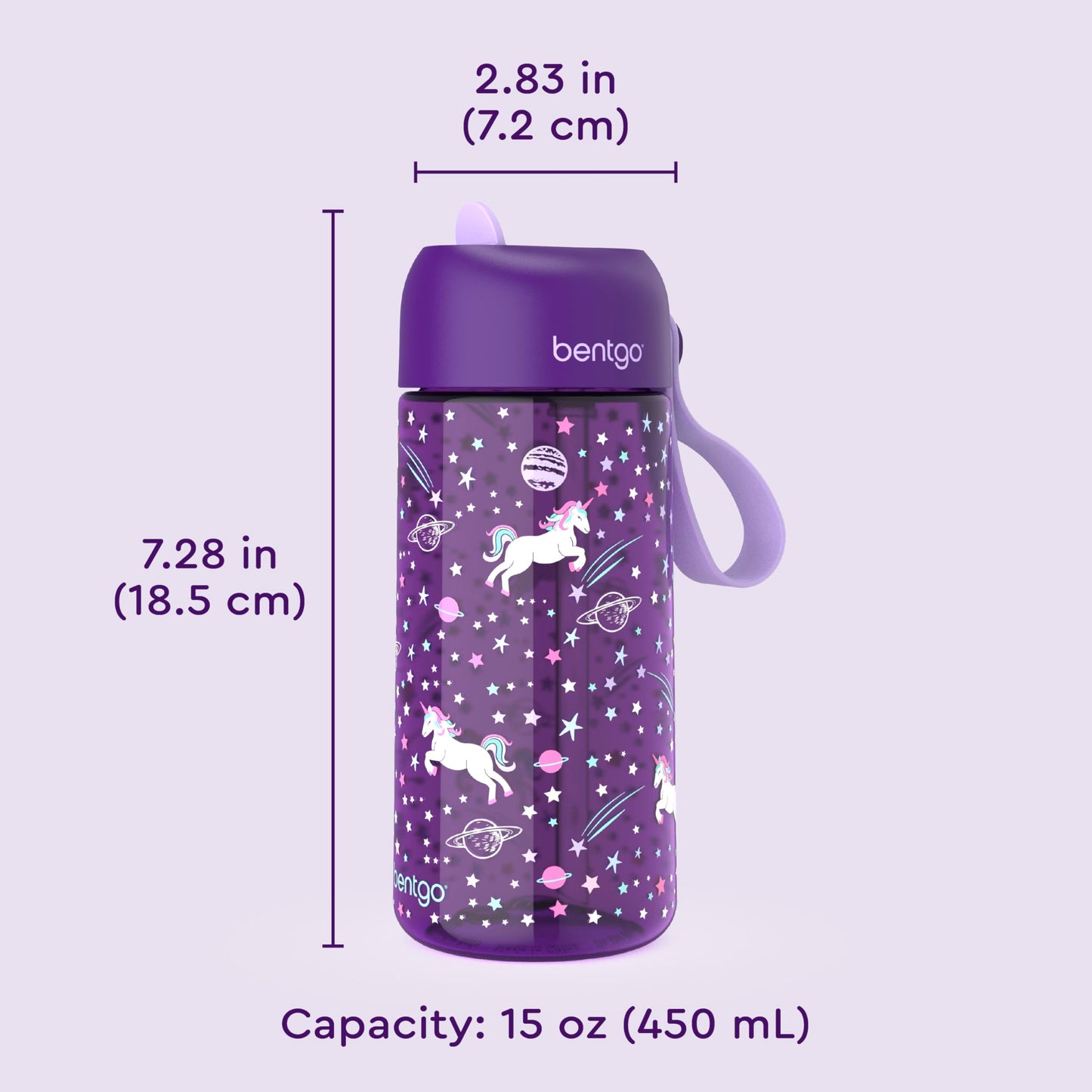 Bentgo Kids Water Bottle - Leak-Proof, Durable Tritan PFAS- & BPA-Free 15 fl oz, Kids/Toddlers Ages 3+ for School & Sports; Bite & Sip Spout, Carrying Handle, Dishwasher Safe (Unicorn)