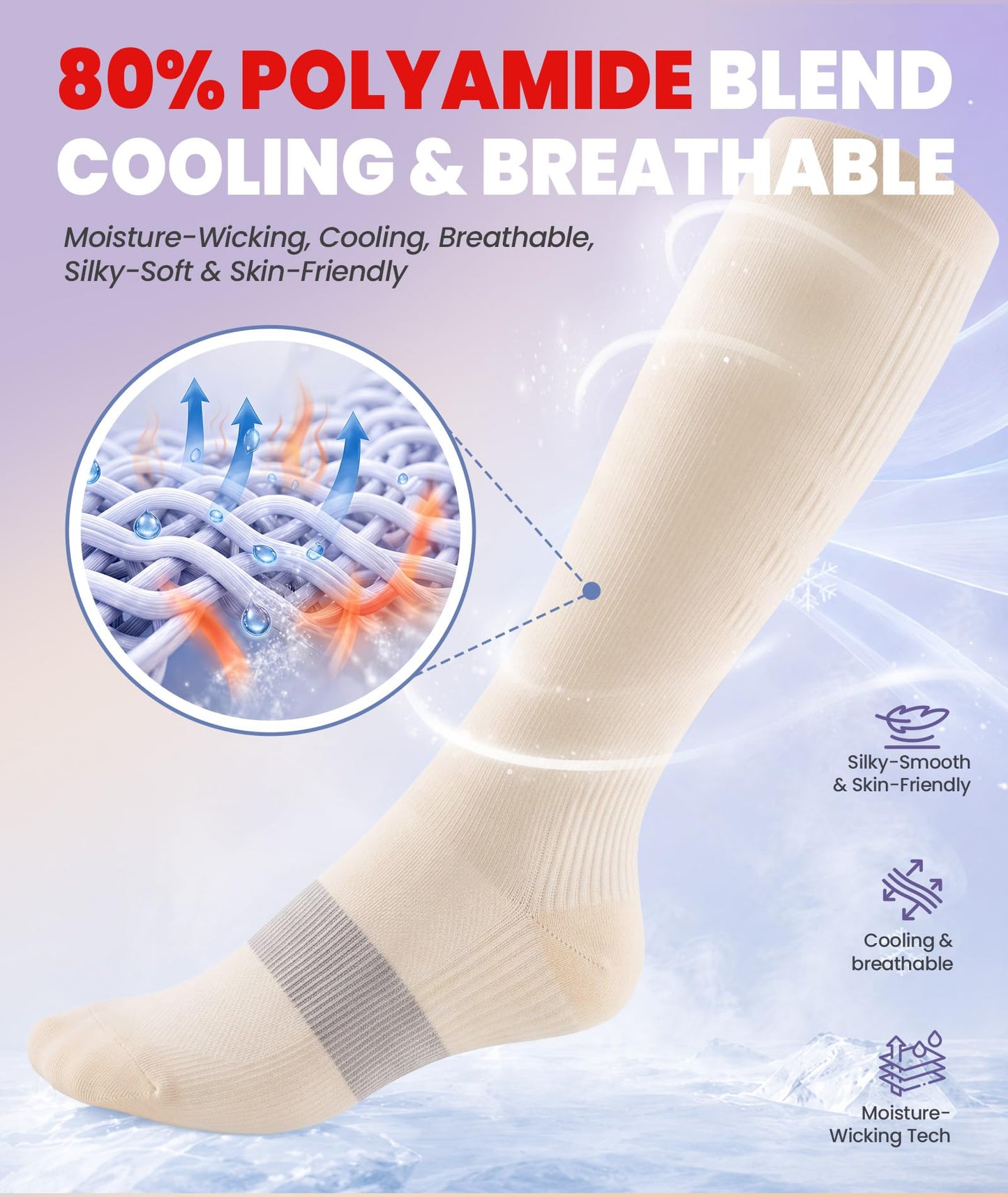 PULIOU Cooling Compression Socks for Women Men, 20-30 mmHg Circulation Knee High for Travel, Flying, Running, 2 Pairs(Beige,S-M