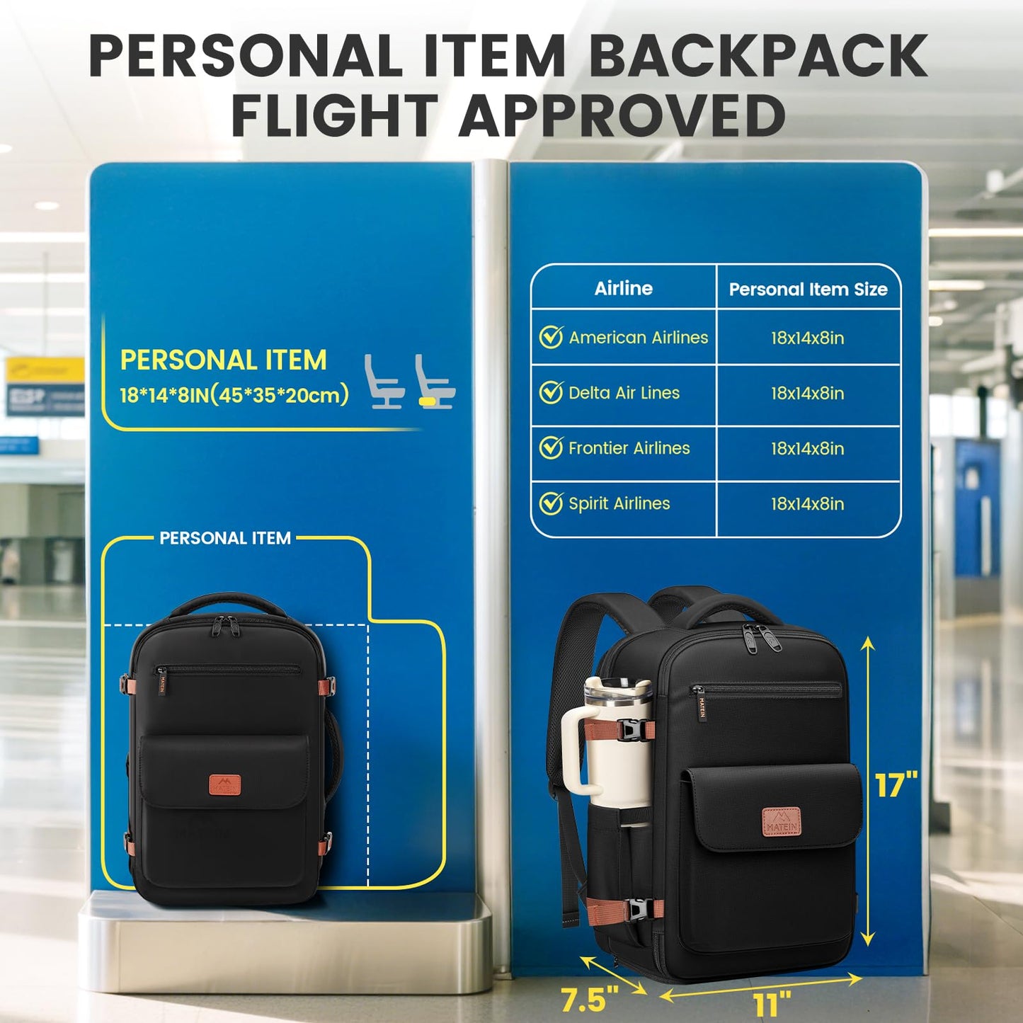 MATEIN Personal Item Backpack 18x14x8 for Frontier, Underseat Travel Backpack with Water Bottle Holder Fit 15.6" Laptops, TSA Approved Luggage Bag with Shoe Compartment for Airlines, 2 Pcs Set