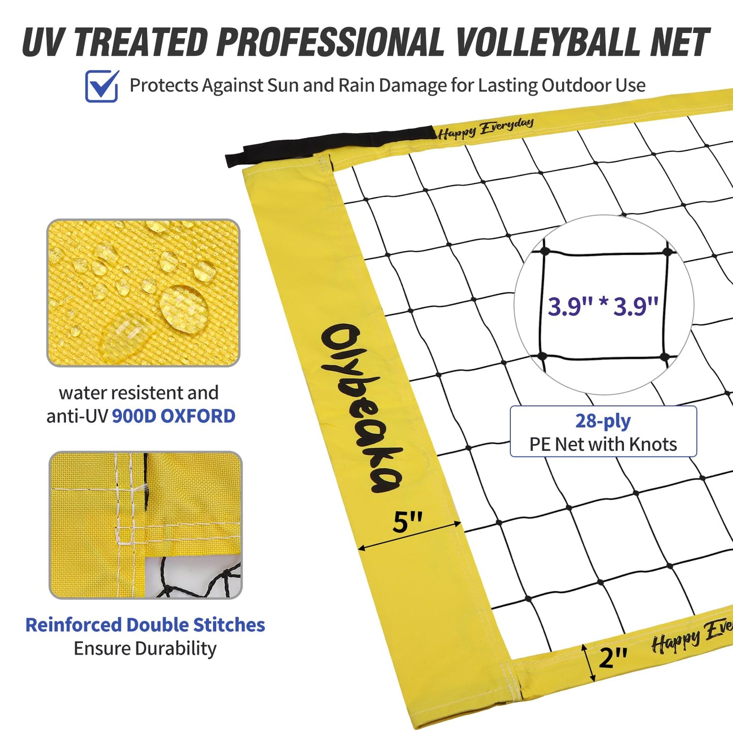 32ft / 20ft Portable Outdoor Volleyball Net Set for Grass Backyard Beach with 1.25" Height Adjustable Steel Poles, 28-ply Durable PE Net, PU Volleyball & Pump, Carry Bag (Yellow, 20ft)