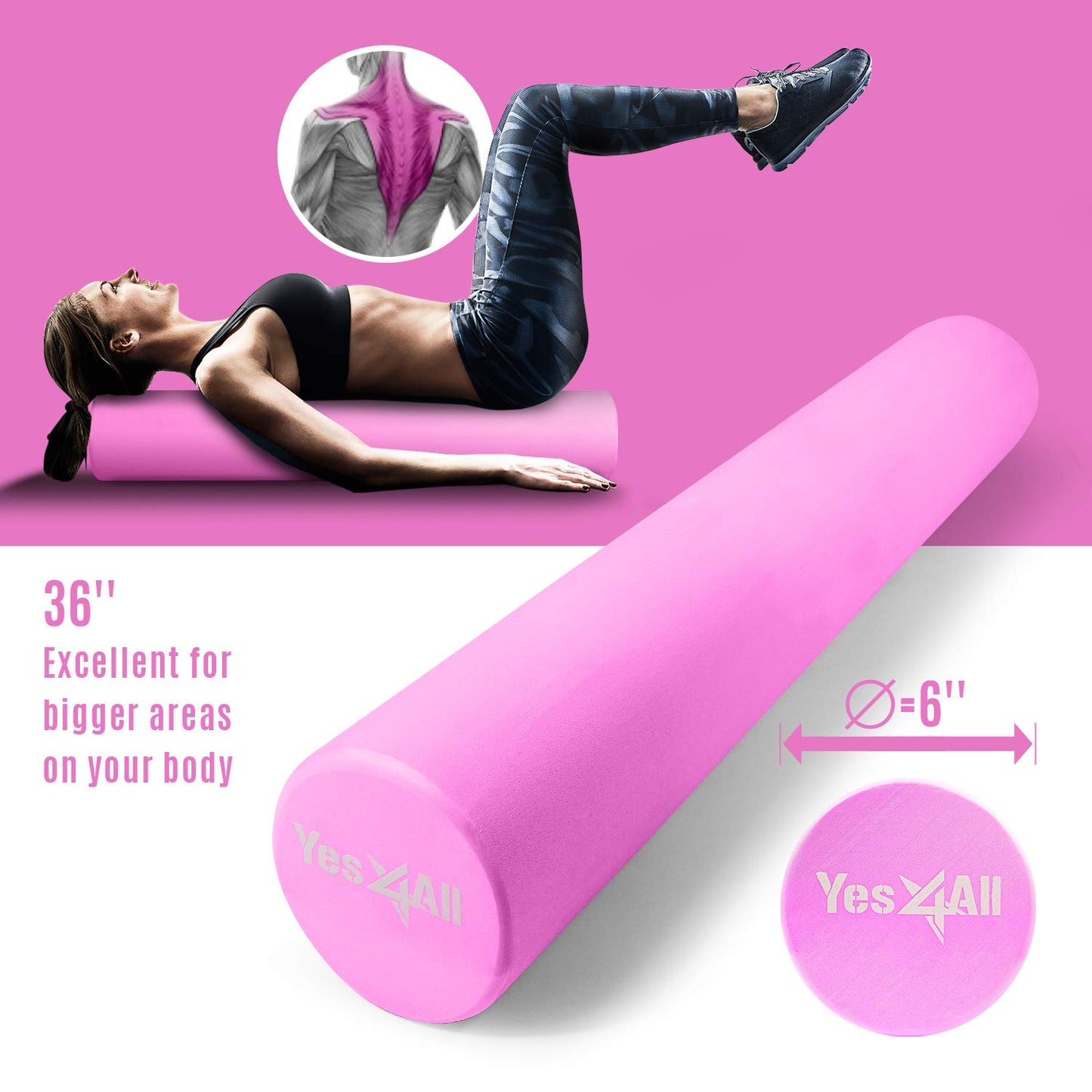 Yes4All Medium-Density Round EVA Foam Roller 36in and Foam Roller Rack for Physical Activities & Muscle Massage