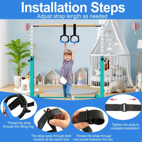 Tepemccu Gymnastics Rings for Kids, Pull Up Rings with Adjustable Straps for Children Home Gym Strength Training (Blue)