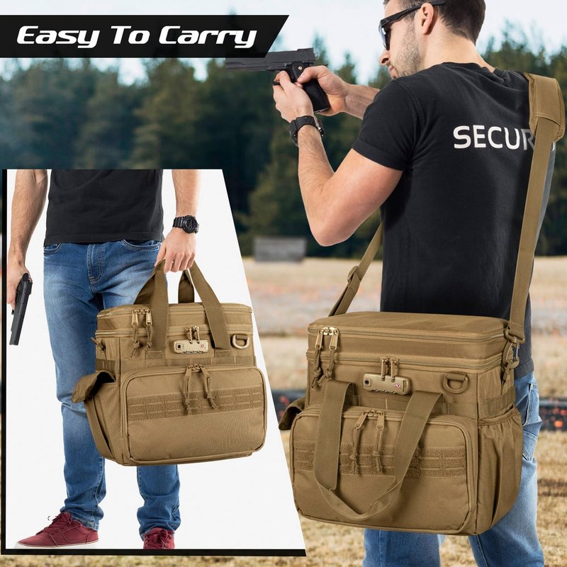 GOBUROS Tactical Gun Range Bag with 3 Pistols Capacity and TSA Lock, Gun Duffle Bag with 2 Small Pistol Cases and 12x Magazine Slots, Multi-Pockets for Hunting and Shooting Range Gear, Khaki