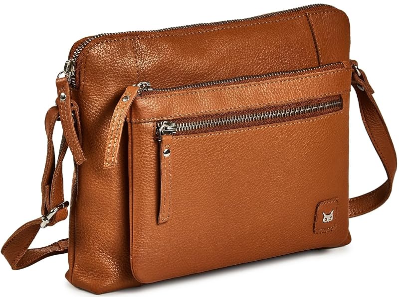 Cognac Leather Crossbody Bag for Women - Small Pebbled Genuine Leather, 5-Compartment Sling Purse with Adjustable Strap