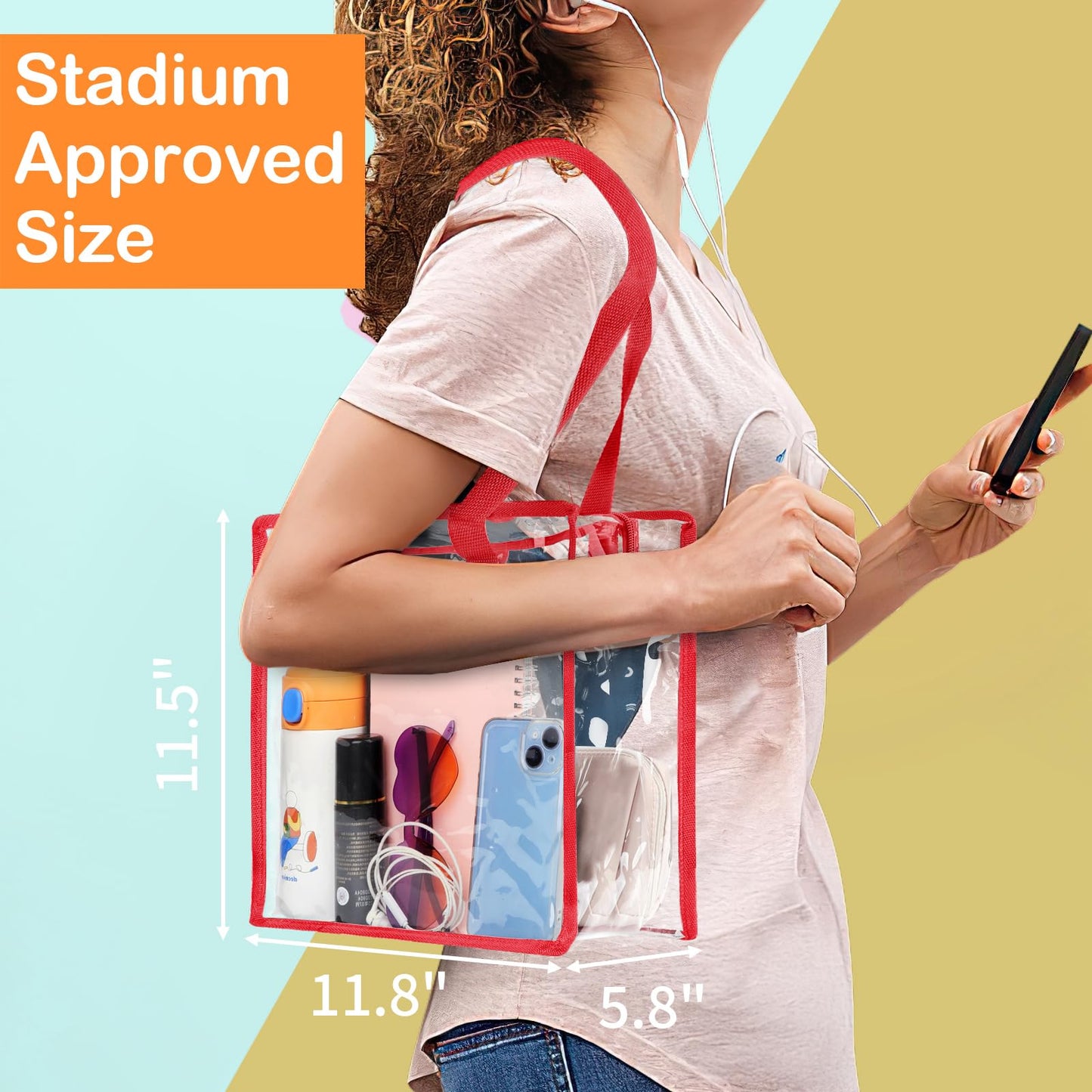 Hoiny Clear Bag for Stadium Events Approved, 12x6x12 Large Transparent Tote Bag with Zipper for Gym Concert Sports Festivals (Red)