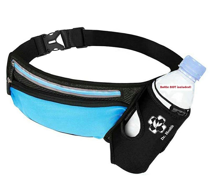 DR. HEALTH Running Belt Sport Waist Pack with Water Bottle Holder - Reflective Strips, 25-48 inch, BLACK/Light BLUE