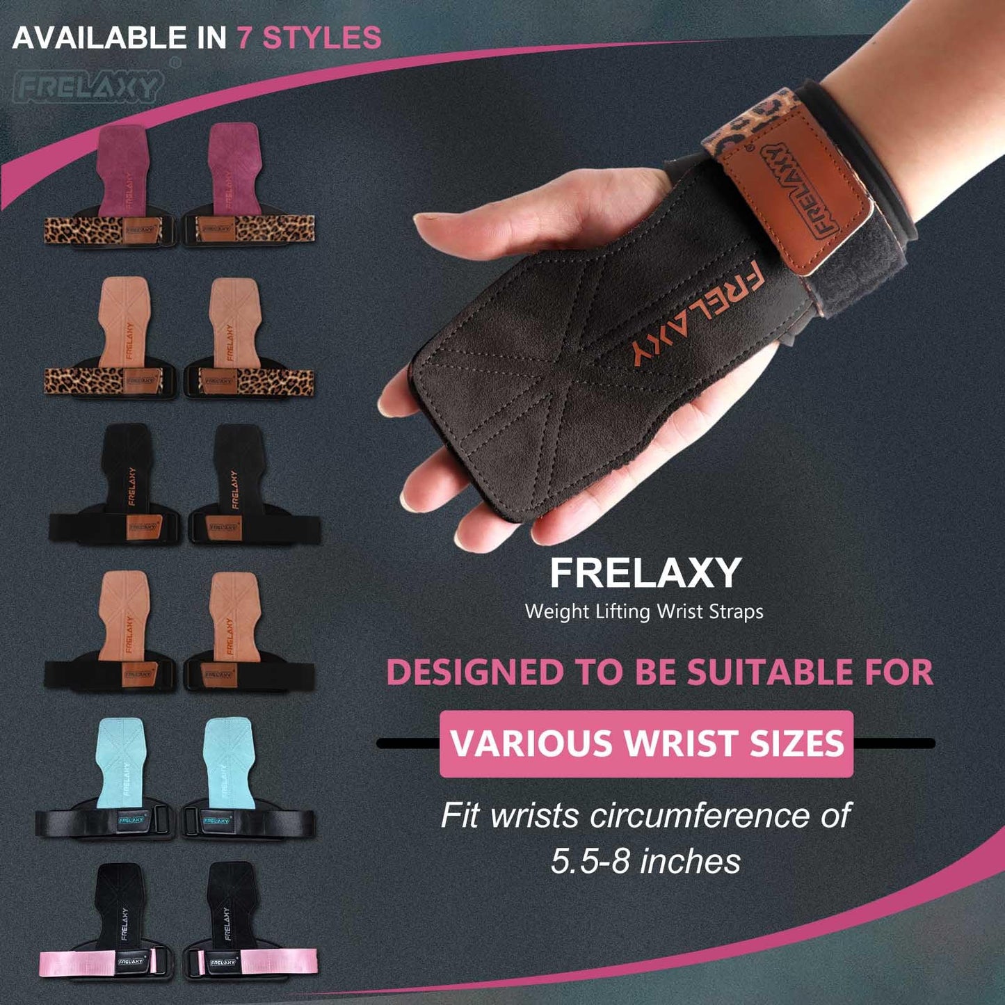 Frelaxy Lifting Wrist Straps Women and Men, Weight Lifting Grips with Cushion Wrist Loop, Double Layer Leather and Storage Pouch, Gym Workout Straps for Deadlift and Powerlifting (Black/Leopard)