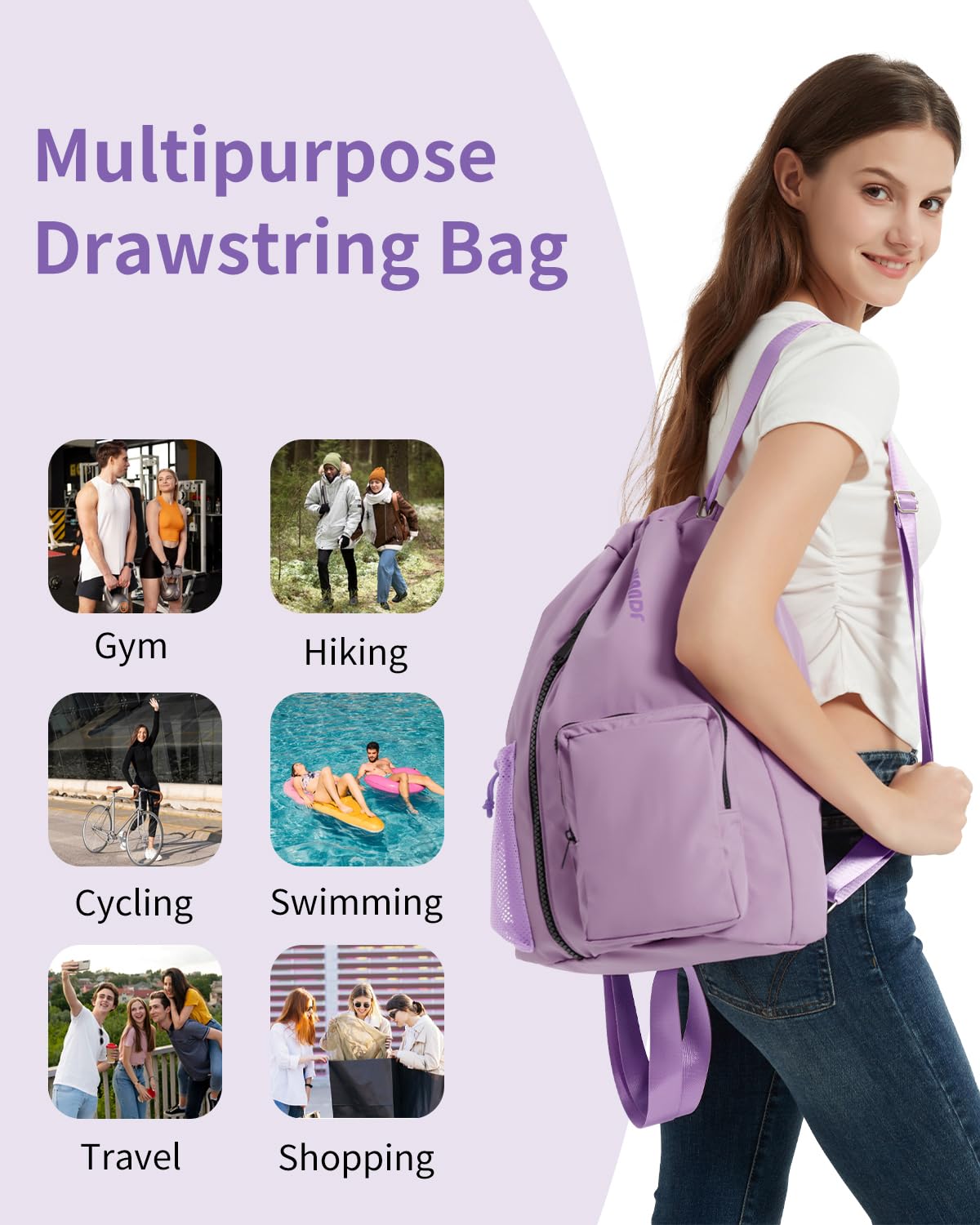 WANDF Drawstring Backpack with Shoe Compartment, Sports Gym Bag