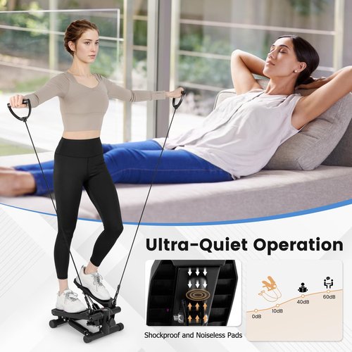 SPORFIT Mini Stair Steppers for Exercise at Home, Hydraulic Step Climber Machine with Resistance Bands & LCD Monitor, Portable Under Desk Stepper for Full Body Cardio Workout (Black)