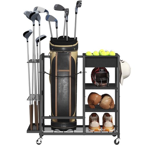 MAHANCRIS Golf Storage Organizer for Garage, Golf Bag Stand for Single Golf Bag and Equipment Accessories, Freestanding Golf Club Holder for Garage, Shed, Home, Basement, Black BEBK17401