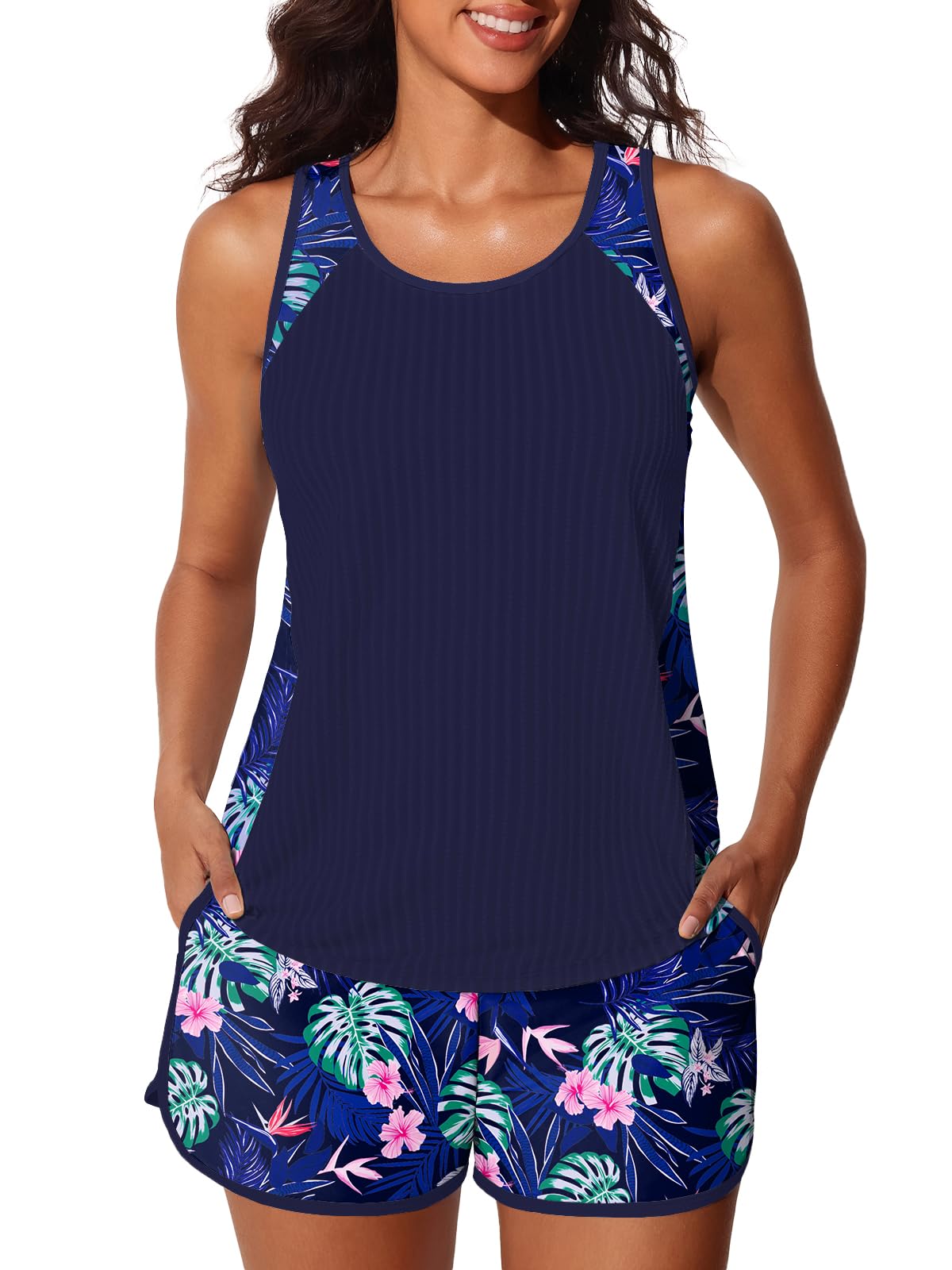 Summer Mae Modest Tankini Swimsuits for Women 2026 Textured Ribbed Bathing Suits Tummy Control Swim Shorts with Pockets Monstera Leaf Pattern Size 14